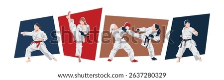 Set of female karateka in action, dynamic pose. Sport, karate, martial arts. Cartoon flat vector illustration.