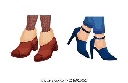 Set of female leegs in trendy shoes. Leather boots and high heel shoes, seasonal footwear in casual style vector illustration