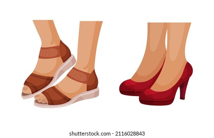 Juego de piernas femeninas en zapatos de moda. Sandalias y zapatos de tacón altos calzado estacional en ilustración vectorial de estilo casual