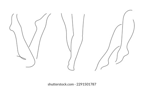 Set of female legs in different poses, continuous line, hand-drawn. Vector illustration