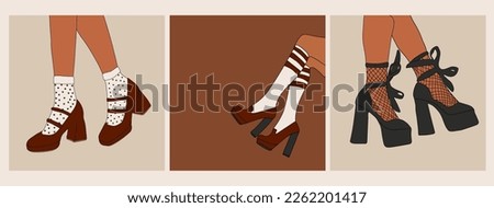 Set of Female legs in stylish shoes with heels and lace socks. Fashion and style, clothing and accessories. Footwear. Vector illustration for a postcard or a poster, print for clothes. Vintage and ret Stok fotoğraf © 