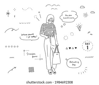 A set of female line drawing illustrations and hand drawn doodle icons.
Magazine-style design with glitter, frames and speech bubbles.