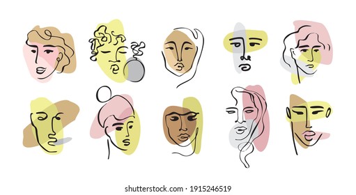 Conjunto de retratos lineales femeninos aislados en blanco. Afiches de arte contemporáneo de caras femeninas con líneas y puntos. Hermosa de chicas de moda para las portadas, medios sociales, tarjetas. Ilustración del vector