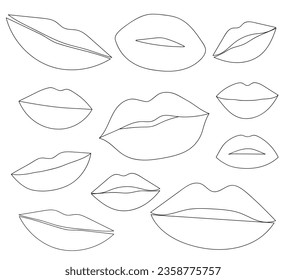 Set of female lips of different shapes outlined. Vector