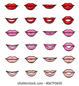 Set of female lips of different shapes and colors of lipstick and gloss, red, pink and beige natural skin color mouth in a smile, closed and talking, part of the face, isolated vector design elements