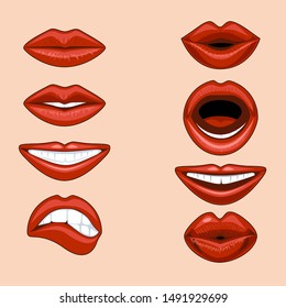 Set of female lips expressing different emotions in a comic style.