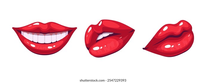Conjunto de lábios femininos lustro batom vermelho. Moda Ilustração Mulher Boca. Coleção de gestos expressando emoções