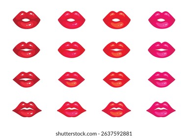 Set female lips gloss red and pink lipstick. Fashion Illustration Woman Mouth. Lips icon isolated vector illustration on white background.
