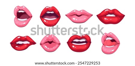 Set female lips gloss red and pink lipstick. Fashion Illustration Woman Mouth. Gestures Collection Expressing Different Emotions