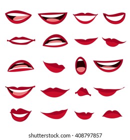 Set female lips isolated on a white background. Female lips in cartoon style. Lips with a variety of emotions, facial expressions. Vector illustration.