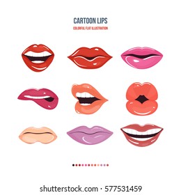 Poner los labios femeninos aislados sobre un fondo blanco al estilo de las caricaturas. Labios con una variedad de emociones, expresiones faciales. Ilustración plana colorida.