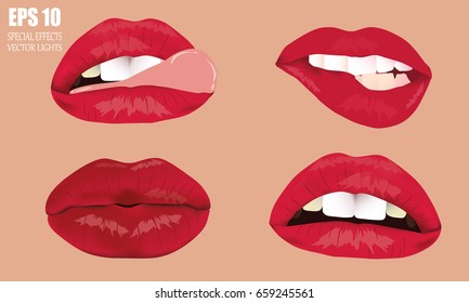A set of female lips. Lush lips, how to kiss with an open mouth. Chic sexy red lips on beige background. Erotica, temptation.