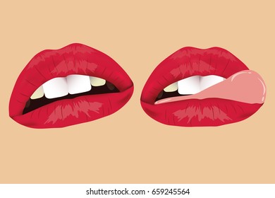 A set of female lips. Lush lips, how to kiss with an open mouth. Chic sexy red lips on beige background. Erotica, temptation.