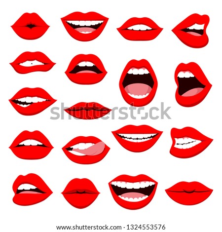 Set of female lips. Red lips collection of a sexy woman. Woman's lips gestures flat vector set