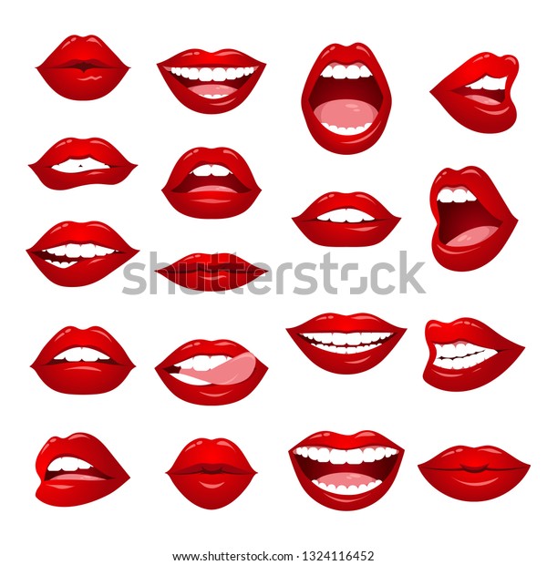 雌の唇のセット セクシーな女性の赤い唇のコレクション 女性のグラデーションの唇のジェスチャーセット のベクター画像素材 ロイヤリティフリー
