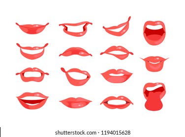 Set of female lips with various emotions and expressions. Vector illustration