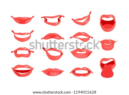 Set of female lips with various emotions and expressions. Vector illustration