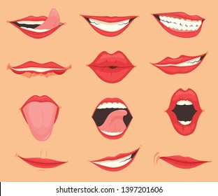 Set of female lips with various mouth emotions and expressions. Vector illustration.