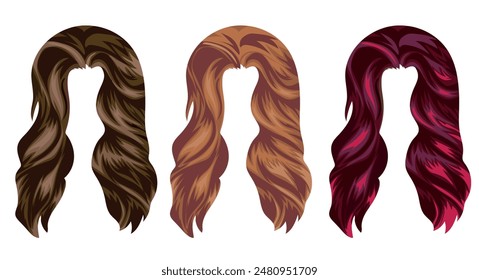 set of female long hair patterns in light blonde tones, red and brown tones, for characters, various designs