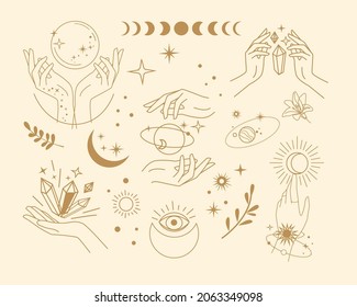 Set with female magical hands. Icons and logos trend one line vector illustration. Moden mystical concept