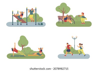 A set of female and male athletes training at street sport equipment outdoor. People runs, doing yoga and physical exercises in city park. Healthy lifestyle. Vector illustrations