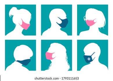 Set of female and male avatars in medical masks.