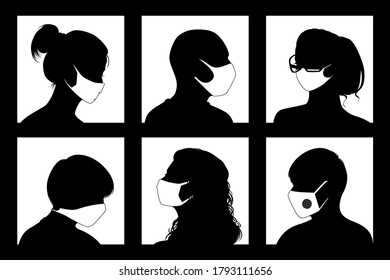 Set of female and male avatars in medical masks.