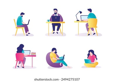 Conjunto de personajes femeninos y masculinos en varias poses, proceso de trabajo en la oficina o el lugar de trabajo en el hogar. Personas de negocios que trabajan en la computadora o computadora portátil. Freelancers teletrabajo ocupación. piso Vector