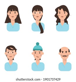 A set of female and male flat avatar icons on a white background. Vector graphics