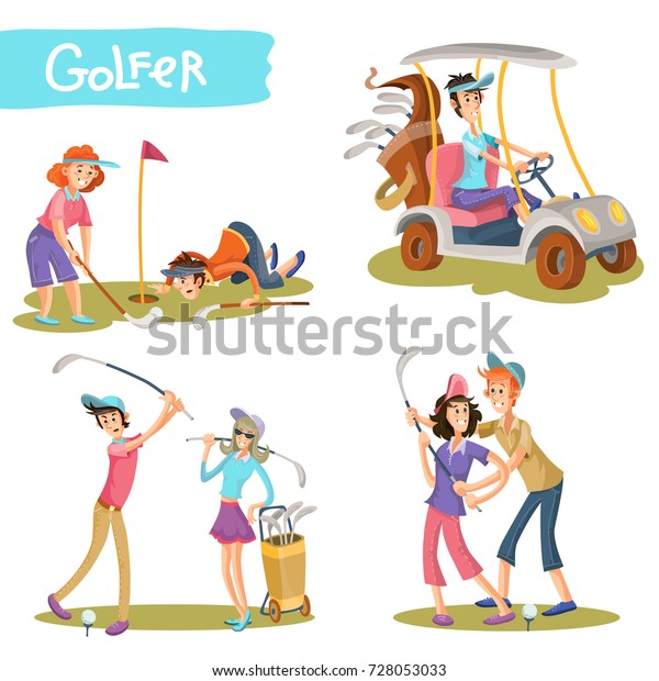 白い背景にゴルフをする 学習用のスティック 打球 ゴルフカーのベクターイラストを描いた 女性と男性のゴルファーの漫画のキャラクターのセット フィールドコレクションで面白い選手がカップルを組む のベクター画像素材 ロイヤリティフリー