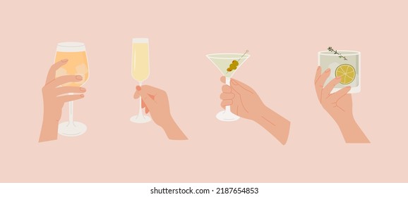 Set of female or male hand holding glass with alcoholic cocktails, champagne and wine. Alcohol drink. Summer aperitif, alcoholic beverage. Colored flat vector illustration isolated on white