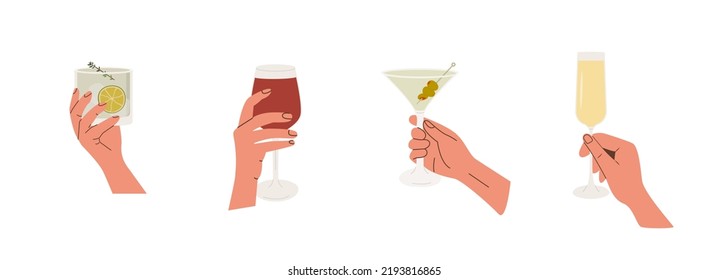 Set of female or male hand holding glass with alcoholic cocktails, champagne and wine. Alcohol drink. Summer aperitif, alcoholic beverage. Colored flat vector illustration isolated on white