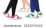 Set of female or male legs in the sneakers and sport shoes. Cool and trendy sport footwear, stylish platform shoes. Vector.