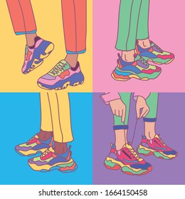 Set of female or male legs in the sneakers. Cool bright sport footwear. Hand drawn vector colored trendy fashion illustration. 