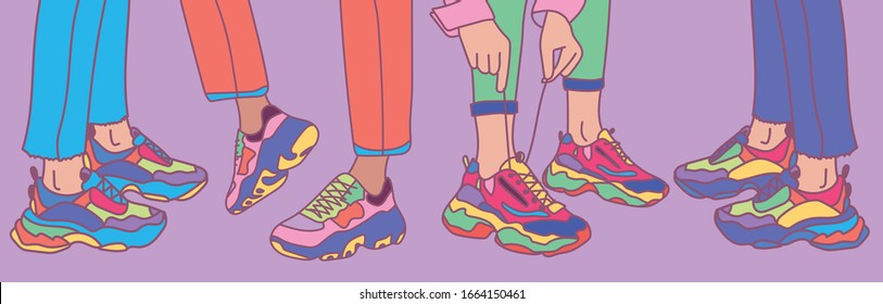 Set of female or male legs in the sneakers. Cool bright sport footwear. Hand drawn vector colored trendy fashion illustration. 