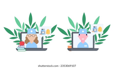 Set of female and male physician, doctor, hospital nurse on laptop screen. Therapist. Mobile Health Diagnostics. White background. Flat vector illustration.