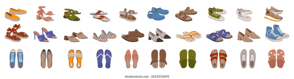 Set of female and male trendy summer shoes of footwear. Sandals, mules, ballet flats, flip-flops, crocs with embellishments, sneakers, stilettos, wedges. Flat vector illustration isolated on white.