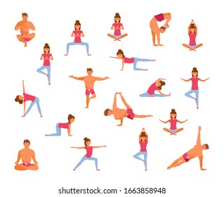 Set of female and male yogi for Infographic. Various Yoga Poses isolated on white. Men and Women figures exercise in sportswear. Flat Art Vector Illustration