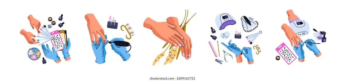 Set of female manicure. Beauty tools to paint nails: UV lamp, polish, file, clippers, scissors, cutter. Salon care procedure for girls and women. Flat isolated vector illustrations on white background