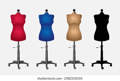 Set of female mannequins for clothes with stand and wheels on white background. Vector 3d illustration