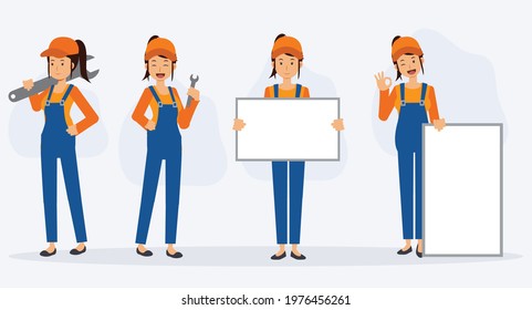 Set of female mechanic repairman in various action,holding blank sign, your text here. Flat vector cartoon character.