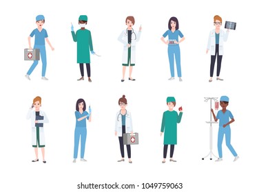 Set of female medical workers. Bundle of women medics dressed in white coats and scrubs - doctor or physician, paramedic, nurse, surgeon, laboratory assistant. Flat cartoon vector illustration