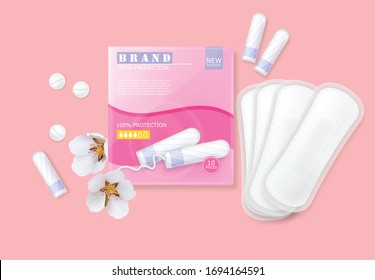 Conjunto de productos de higiene del ciclo menstrual femenino. servilleta sanitaria, tampones, pastillas. Decoración de flores. Fondo rosa. Vector