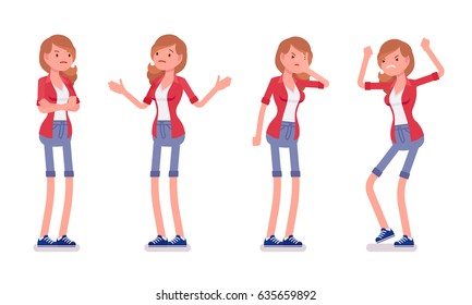 Set of female millennial, negative emotions, smart casual dressing, jeans shorts, red shirt, standing troubled, puzzled, palm face, vector flat style cartoon illustration, isolated, white background