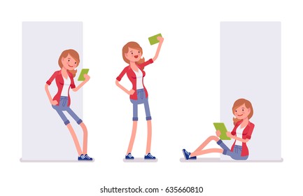 Set of female millennial, smart casual dressing, jeans shorts, red shirt, making phone selfie, sitting with tablet, watching video, vector flat style cartoon illustration, isolated, white background