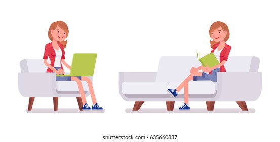 Set of female millennial, smart casual dressing, jeans shorts, red shirt, sitting on white sofa, reading book, working with laptop, vector flat style cartoon illustration, isolated, white background