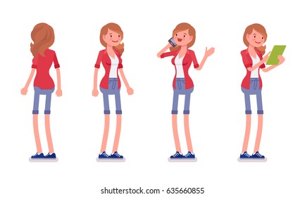 Set of female millennial, smart casual dressing, jeans shorts, standing, using tablet, chatting on phone, smiling, front, rear view, vector flat style cartoon illustration, isolated, white background