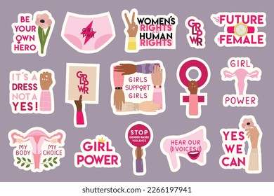 Set of female movement feminist stickers, short quotes. Girl power lettering. Woman empowerment, fight for gender equality, feminism and sisterhood concept. Hand drawn vector illustration.