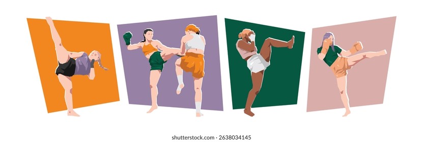 Set of female muay thai, kickboxer fighter, athlete in combat pose. Sport, martial arts. Cartoon flat vector illustration.