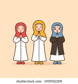 Set Female muslim character illustration with hijab scarf ramadhan thanking, greeting, apologize, farewell pose with respect by using two hand palms splice together